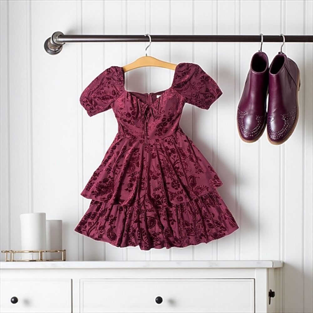 City Vibe‎ Dress Velvet Floral Sweetheart Neck Puff Sleeve Tiered Maroon Size 0